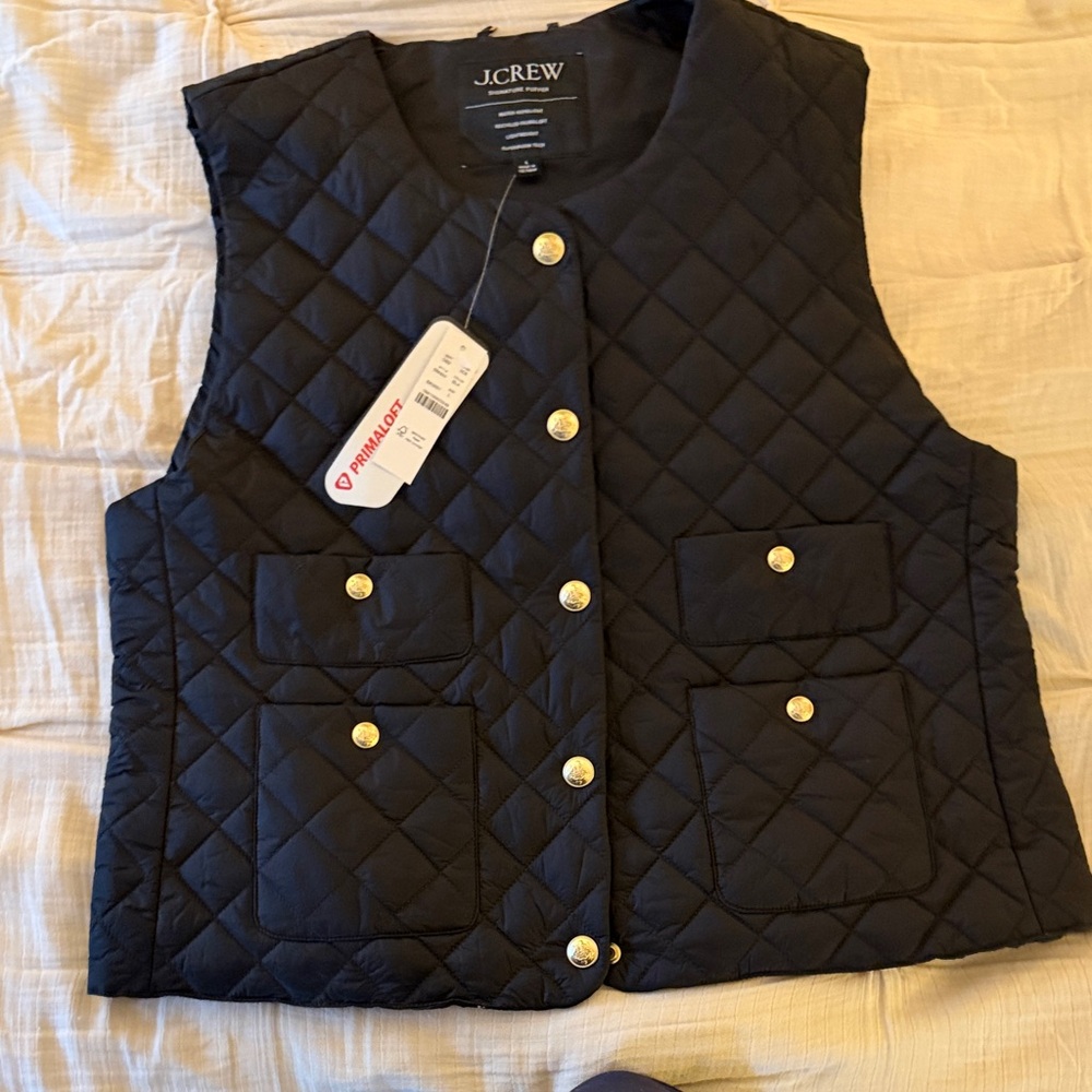 J. Crew Black Quilted Vest with Gold-Tone Buttons